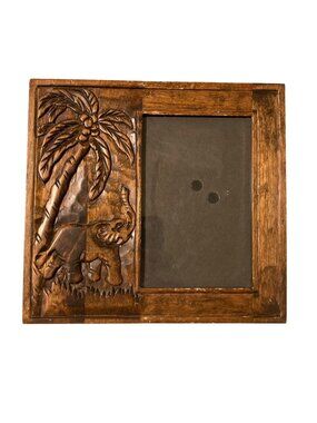 Hand Carved Wooden Elephant And Palm Tree Picture Frame